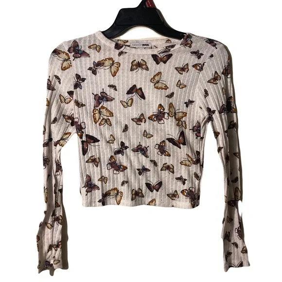 Fashion Nova Butterfly White Printed Long Sleeve Top Small - Picture 2 of 5